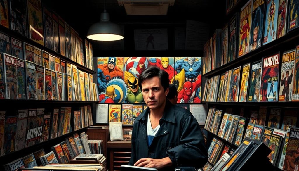 A bustling comic book store in the 1990s, with shelves overflowing with colorful comic book covers. The interior is dimly lit, creating a sense of tension and unease. The cashier's expression is one of concern, hinting at the financial struggles the industry was facing. In the background, a montage of Marvel characters appears to be fading, symbolizing the company's precarious position. The overall atmosphere conveys the crisis in the comic book industry during this era, set against the backdrop of the vibrant and chaotic world of 1990s comics. A bustling comic book store in the 1990s, with shelves overflowing with colorful comic book covers. The interior is dimly lit, creating a sense of tension and unease. The cashier's expression is one of concern, hinting at the financial struggles the industry was facing. In the background, a montage of Marvel characters appears to be fading, symbolizing the company's precarious position. The overall atmosphere conveys the crisis in the comic book industry during this era, set against the backdrop of the vibrant and chaotic world of 1990s comics.