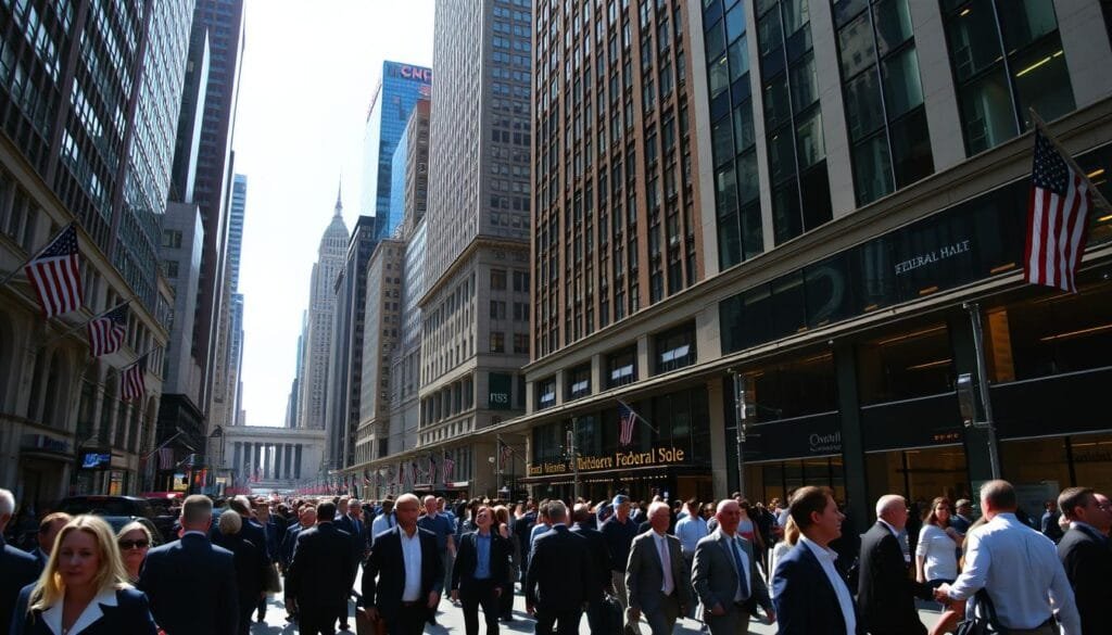 A bustling financial district in the heart of New York City, Wall Street is a towering monument to capitalism and power. Capture the grandeur of the iconic skyscrapers, their sleek glass facades reflecting the dazzling sunlight. Beneath them, crowds of well-dressed professionals hurry along the sidewalks, briefcases in hand, the rhythm of their steps echoing the incessant pulse of the stock market. In the distance, the stately Federal Hall stands sentinel, a reminder of the nation's financial history. Infuse the scene with an air of ambition and prosperity, tinged with an undercurrent of greed and ruthless competition, as befits the setting for the fateful duel that shaped Wall Street's destiny. A bustling financial district in the heart of New York City, Wall Street is a towering monument to capitalism and power. Capture the grandeur of the iconic skyscrapers, their sleek glass facades reflecting the dazzling sunlight. Beneath them, crowds of well-dressed professionals hurry along the sidewalks, briefcases in hand, the rhythm of their steps echoing the incessant pulse of the stock market. In the distance, the stately Federal Hall stands sentinel, a reminder of the nation's financial history. Infuse the scene with an air of ambition and prosperity, tinged with an undercurrent of greed and ruthless competition, as befits the setting for the fateful duel that shaped Wall Street's destiny.