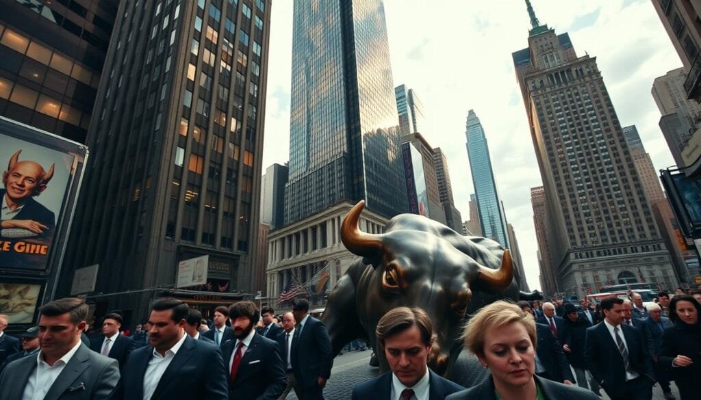 A bustling, high-contrast cityscape of Wall Street, New York, captured in the late afternoon light. Towering skyscrapers with angular, glass facades rise majestically against a dramatic sky, their reflections shimmering in the surrounding streets. In the foreground, a crowd of well-dressed figures hurry past the iconic bronze statue of the Charging Bull, their expressions intense and determined. The atmosphere is one of urgency and power, with the frenetic energy of the financial district palpable in every detail. The scene is framed by a wide-angle lens, emphasizing the scale and grandeur of this iconic financial hub. A bustling, high-contrast cityscape of Wall Street, New York, captured in the late afternoon light. Towering skyscrapers with angular, glass facades rise majestically against a dramatic sky, their reflections shimmering in the surrounding streets. In the foreground, a crowd of well-dressed figures hurry past the iconic bronze statue of the Charging Bull, their expressions intense and determined. The atmosphere is one of urgency and power, with the frenetic energy of the financial district palpable in every detail. The scene is framed by a wide-angle lens, emphasizing the scale and grandeur of this iconic financial hub.