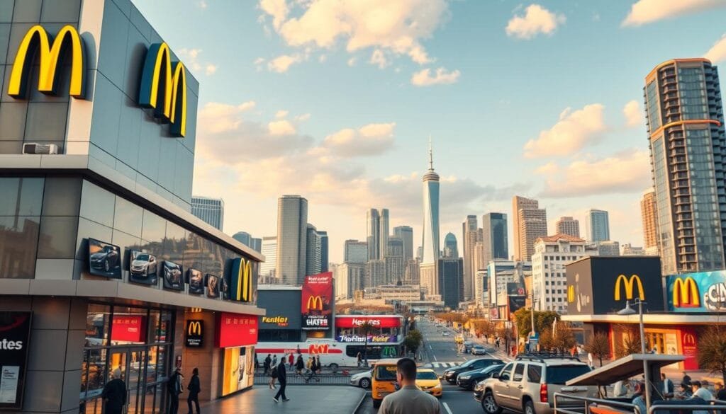 A bustling restaurant franchise expansion unfolds, showcasing the global rise of the iconic fast-food brand. In the foreground, a sleek, modern restaurant facade stands tall, its gleaming signage and vibrant colors beckoning patrons. The middle ground reveals a network of franchised locations, each reflecting the brand's consistent design and branding. In the background, a diverse cityscape emerges, with towering skyscrapers and bustling urban life, symbolizing the brand's international expansion. The scene is bathed in warm, golden lighting, conveying a sense of prosperity and success. The overall composition conveys the rapid growth, strategic franchising, and worldwide recognition that have propelled this once-emergent restaurant chain to become a global icon.