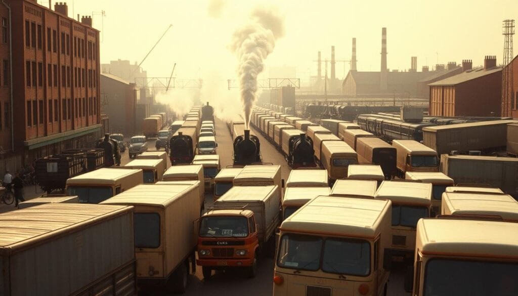 A bustling scene of logistical transport in the late 1960s, captured with a vintage film lens. In the foreground, a fleet of boxy delivery trucks with faded paint navigates the crowded streets, their cargo holds brimming with packages. In the middle ground, a busy train station bustles with activity, steam-powered locomotives belching clouds of smoke as they depart for distant destinations. The background is dominated by towering warehouses and storage facilities, their weathered brick facades casting long shadows under the warm, golden light of a setting sun. The overall atmosphere conveys the hustle and bustle of a bygone era of logistics, where manual labor and mechanical ingenuity were the driving forces behind the movement of goods.