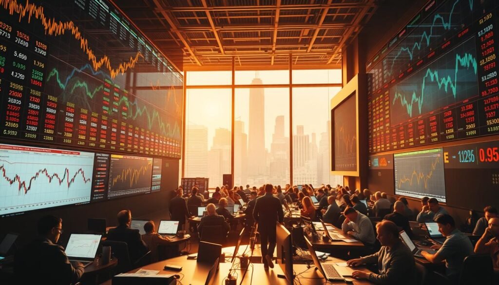 A bustling stock market scene, bathed in a warm, golden light filtering through the large windows. In the foreground, stock charts and graphs depicting erratic price movements and rapid rises, hinting at early signs of a speculative bubble. Across the middle ground, groups of anxious investors huddled around their laptops, analyzing data and news feeds with furrowed brows. In the background, a towering skyline of skyscrapers, symbolizing the ever-expanding financial landscape. The overall atmosphere conveys a sense of growing unease and anticipation, as the market teeters on the edge of a potential collapse.
