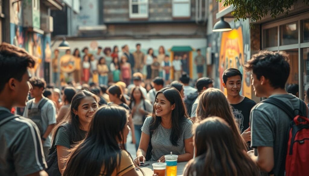 A bustling urban setting, where teenagers engage in various social activities and interactions. In the foreground, a group of adolescents gathered around a table, their faces animated as they discuss and exchange ideas. The middle ground showcases a lively street scene, with young people chatting, laughing, and sharing experiences. In the background, a vibrant mural adorns the walls, depicting scenes of community, friendship, and the dynamic nature of adolescent social life. The lighting is warm and inviting, creating a sense of energy and camaraderie. The camera angle is slightly elevated, allowing the viewer to observe the intricate web of social connections and the impulsive, decision-making behaviors that characterize this developmental stage. A bustling urban setting, where teenagers engage in various social activities and interactions. In the foreground, a group of adolescents gathered around a table, their faces animated as they discuss and exchange ideas. The middle ground showcases a lively street scene, with young people chatting, laughing, and sharing experiences. In the background, a vibrant mural adorns the walls, depicting scenes of community, friendship, and the dynamic nature of adolescent social life. The lighting is warm and inviting, creating a sense of energy and camaraderie. The camera angle is slightly elevated, allowing the viewer to observe the intricate web of social connections and the impulsive, decision-making behaviors that characterize this developmental stage.