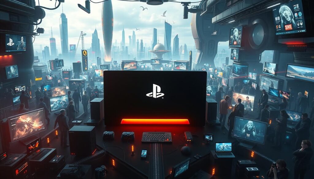 A bustling, vibrant ecosystem centered around the Sony PlayStation Network, with a diverse array of digital experiences. In the foreground, a sleek, futuristic console emits a warm, ambient glow, surrounded by a tapestry of interconnected devices and interfaces. The middle ground is filled with holographic displays showcasing a wide range of interactive content, from immersive games to streaming media services. In the background, a cityscape of towering skyscrapers and futuristic architecture creates a sense of scale and technological advancement. Soft, diffused lighting casts a cinematic atmosphere, highlighting the seamless integration of hardware and software within this dynamic, ever-evolving digital ecosystem.