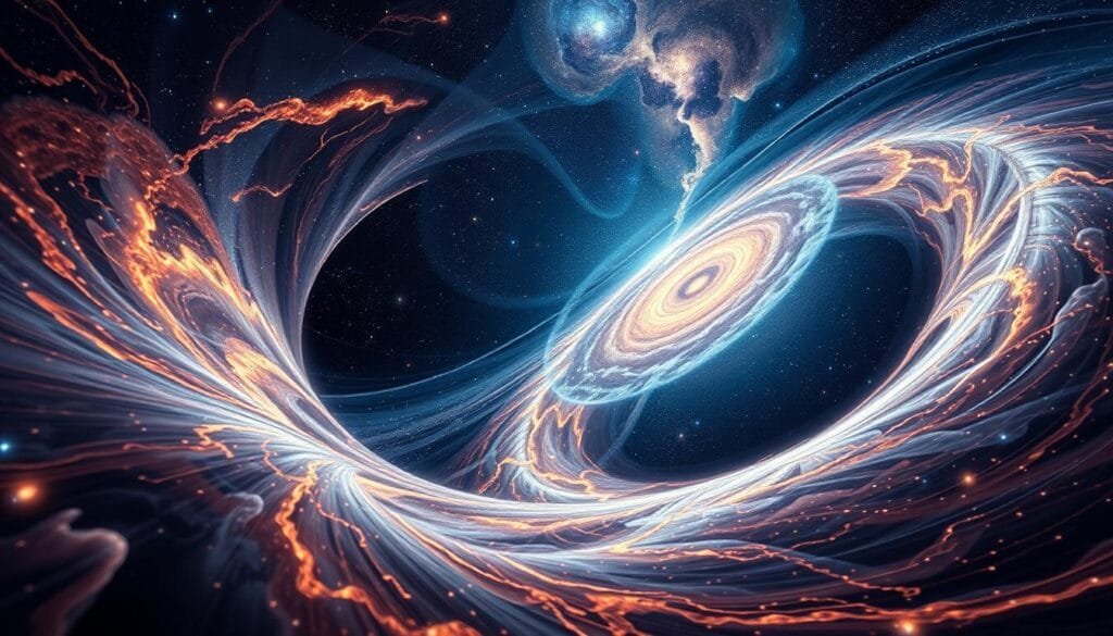 A captivating illustration of the curvature of space, as envisioned through the lens of general relativity. In the foreground, a swirling, hypnotic vortex of cosmic energy, the fabric of spacetime itself, twisting and undulating with a mesmerizing elegance. In the middle ground, a celestial orb, its surface rippling with the subtle distortions of gravitational lensing, a testament to the warping of space-time. And in the background, a tapestry of stars, galaxies, and nebulae, their arrangement subtly deformed by the curvature of the universe, creating a sense of depth and cosmic wonder. Rendered in a rich, vibrant palette, with dramatic lighting and a sense of movement and dynamism, this image aims to capture the essential foundations of general relativity and the true shape of our universe.