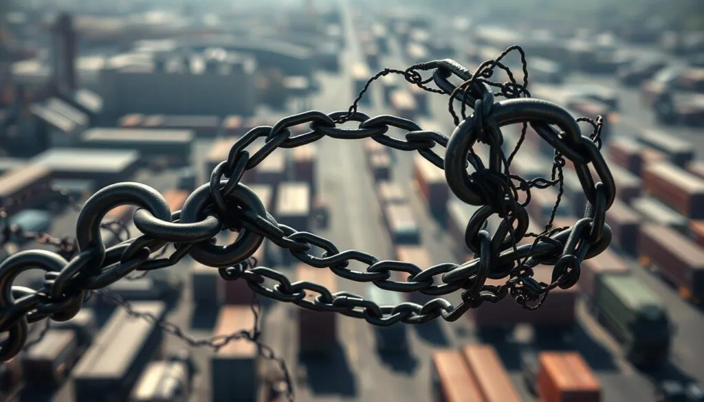 A chaotic tangle of supply chain links, each link straining and vibrating as demand fluctuates wildly. In the foreground, a coiled metal chain twists and writhes, its links magnified to emphasize the amplifying effect of small disturbances. The background is a blurred, hazy landscape of warehouses, trucks, and cargo containers, conveying the scale and complexity of the global supply network. Harsh, unforgiving lighting casts dramatic shadows, heightening the sense of tension and instability. The overall impression is one of a delicate, interconnected system pushed to its limits, ready to snap at the slightest provocation - the "whiplash" effect that disrupts product availability. A chaotic tangle of supply chain links, each link straining and vibrating as demand fluctuates wildly. In the foreground, a coiled metal chain twists and writhes, its links magnified to emphasize the amplifying effect of small disturbances. The background is a blurred, hazy landscape of warehouses, trucks, and cargo containers, conveying the scale and complexity of the global supply network. Harsh, unforgiving lighting casts dramatic shadows, heightening the sense of tension and instability. The overall impression is one of a delicate, interconnected system pushed to its limits, ready to snap at the slightest provocation - the "whiplash" effect that disrupts product availability.