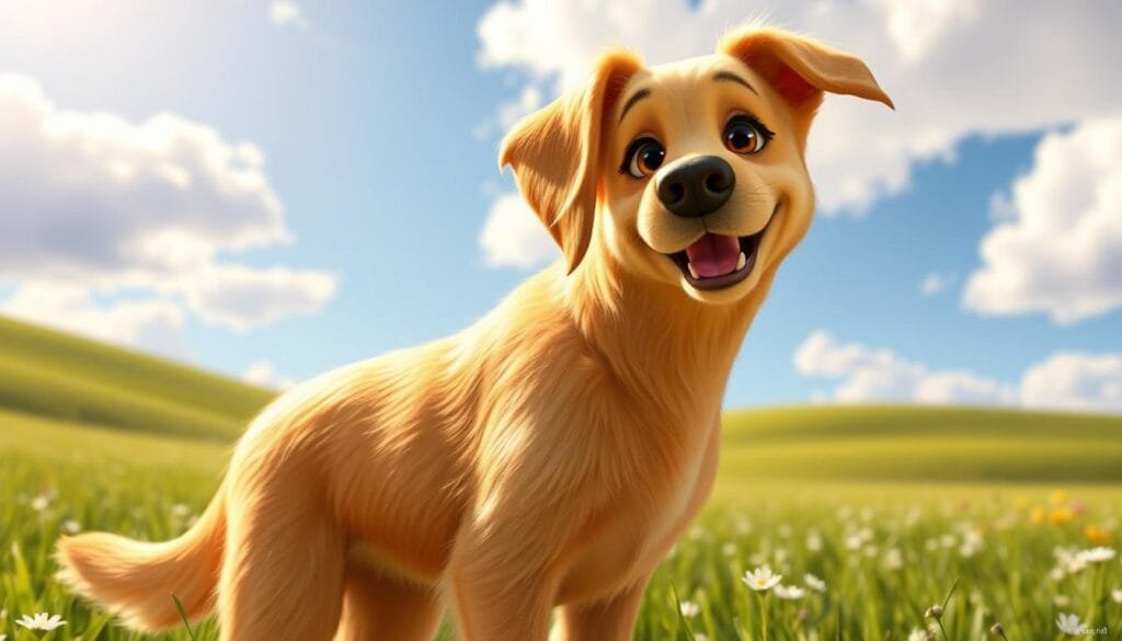 A cheerful and endearing golden retriever named Dug, standing in a lush, sun-dappled meadow, his brown eyes sparkling with curiosity and mischief. His soft, fluffy coat catches the gentle breeze, and his ears perk up attentively, as if listening for the next adventure. The background is a tranquil, dreamlike landscape, with rolling hills and a vibrant blue sky dotted with fluffy white clouds. Dug's posture is relaxed yet alert, his head tilted slightly to the side, embodying the friendly, loyal, and enthusiastic personality that has made him a beloved character. The image conveys a sense of wonder, warmth, and the endearing charm that makes Dug an unforgettable part of the "Up" story.