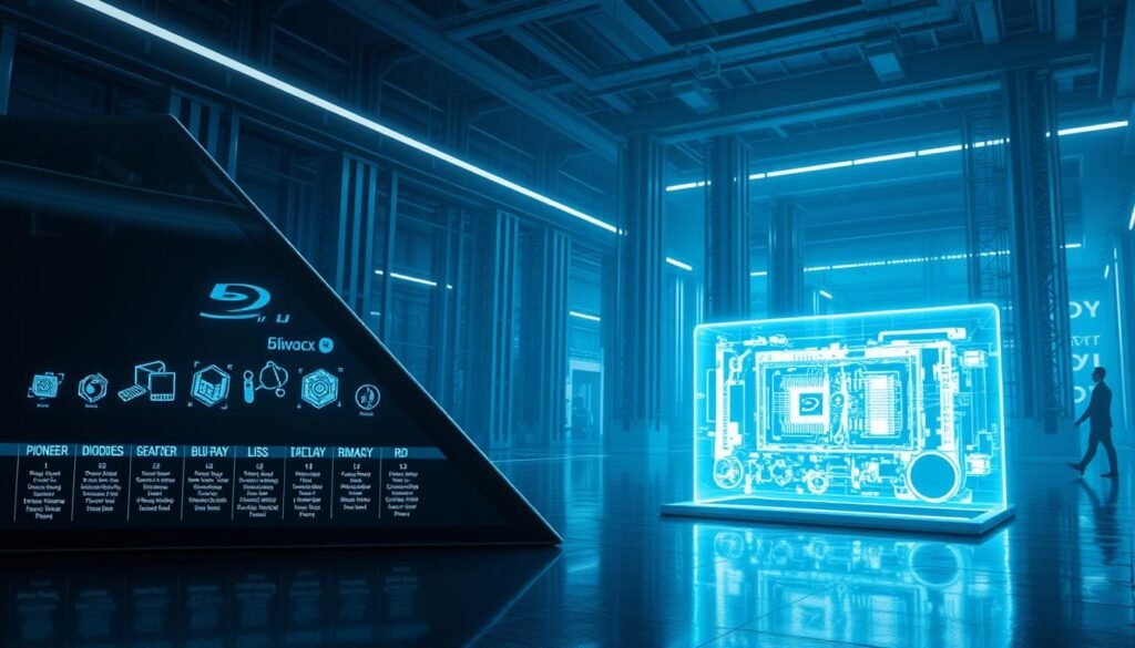 A cinematic and futuristic scene depicting the evolution of innovation and R&D. In the foreground, a sleek, angular display showcases a timeline of pioneering technologies, from early semiconductor diodes to the cutting-edge Blu-ray format. The middle ground features a holographic projection of a futuristic device, its intricate components and circuits visible in a mesmerizing display. In the background, a vast, shadowy laboratory setting with towering, metallic structures and a subtle, blue-tinged lighting, conveying an atmosphere of scientific exploration and breakthrough discoveries. The overall composition exudes a sense of technological progress, innovation, and the relentless pursuit of advancements that have shaped the modern world.