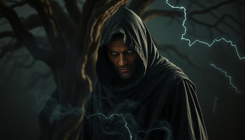 A cloaked figure hovers in the shadows, their weathered face obscured by a tattered hood. Swirling mists and arcane symbols surround them, hinting at the mystical transformation underway. The air crackles with charged energy, as the brujo, or warlock, channels ancient powers, their eyes glowing with otherworldly focus. In the background, a gnarled tree twists its branches, casting ominous shadows that seem to dance and come alive. The atmosphere is one of mystery, danger, and the profound and unsettling nature of the brujo's hidden abilities. A cloaked figure hovers in the shadows, their weathered face obscured by a tattered hood. Swirling mists and arcane symbols surround them, hinting at the mystical transformation underway. The air crackles with charged energy, as the brujo, or warlock, channels ancient powers, their eyes glowing with otherworldly focus. In the background, a gnarled tree twists its branches, casting ominous shadows that seem to dance and come alive. The atmosphere is one of mystery, danger, and the profound and unsettling nature of the brujo's hidden abilities.
