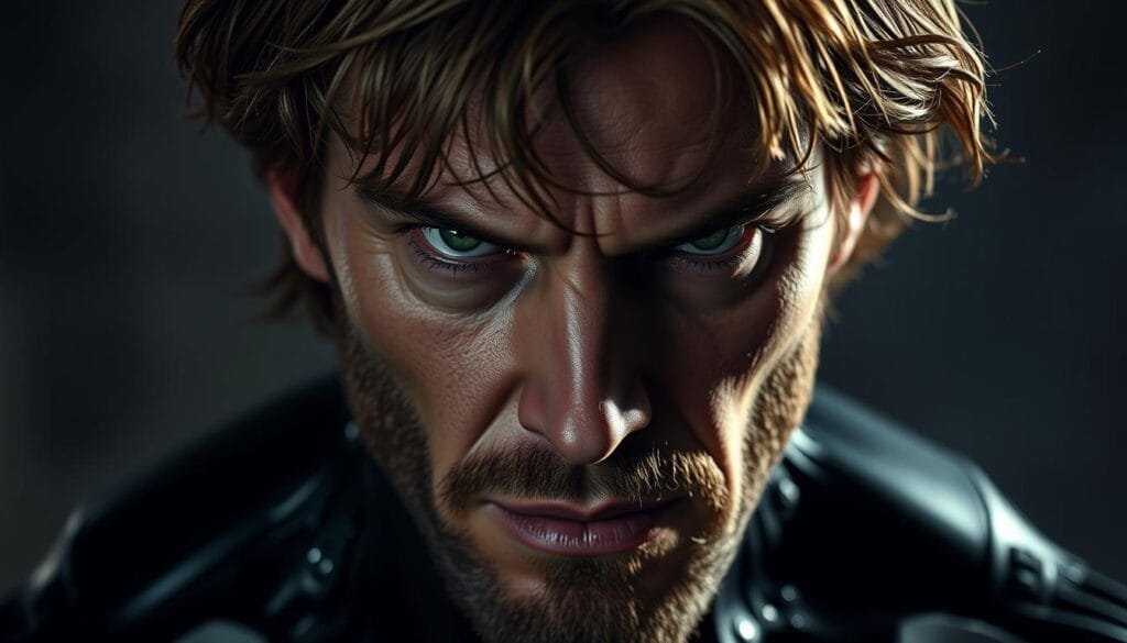 A close-up portrait of Eddie Brock, the host of the Venom symbiote, with a brooding, intense expression. He has messy, disheveled brown hair, a rugged, angular jawline, and piercing green eyes that seem to bore into the viewer. The lighting is dramatic, casting shadows across his face and giving him an ominous, almost supernatural aura. His skin has a slightly pallid, almost sickly hue, hinting at the internal struggle between his human and symbiotic halves. The background is blurred and indistinct, keeping the focus solely on Brock's powerful presence and the internal turmoil that defines his character.