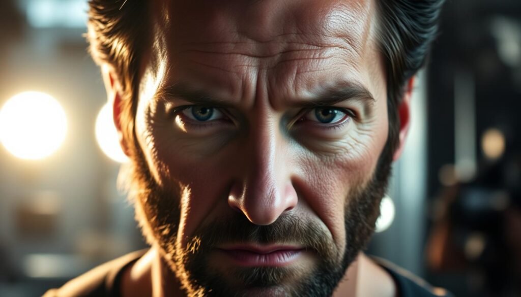 A close-up portrait of Hugh Jackman, the acclaimed actor famous for portraying the iconic Marvel character Wolverine. Jackman's weathered yet rugged facial features are illuminated by dramatic studio lighting, casting deep shadows that accentuate his chiseled jawline and piercing eyes. The middle ground features a blurred backdrop of a movie set, hinting at the cinematic context of his renowned film career. The overall composition conveys a sense of intensity, power, and the transformation of a comic book character into a larger-than-life movie legend.