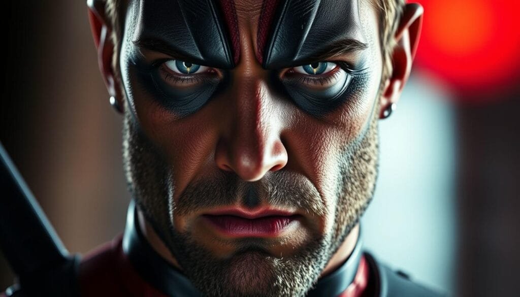 A close-up portrait of Wade Wilson, the real identity of the Marvel superhero Deadpool, with a serious and intense expression on his face. His chiseled features and rugged appearance are highlighted by dramatic lighting, casting deep shadows across his face. The background is slightly blurred, keeping the focus on the character's distinct facial details and expression. The overall mood is one of mystery and intrigue, reflecting the hidden nature of Deadpool's true identity as Wade Wilson.