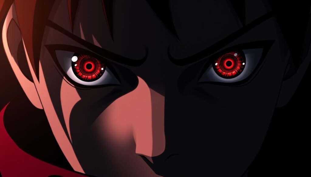 A close-up portrait of a pair of intense, piercing eyes against a dark, shadowy backdrop. The irises are deep crimson, with distinctive tomoe markings swirling within, signifying the Sharingan, a powerful dojutsu wielded by elite ninja. Dramatic, high-contrast lighting casts dramatic shadows, emphasizing the eyes' penetrating gaze. The eyes are set in a young, determined face, suggesting the subject's early graduation and rapid rise through the ninja ranks. An aura of intensity and focus surrounds the image, capturing the essence of the "Del aula al ANBU" section.