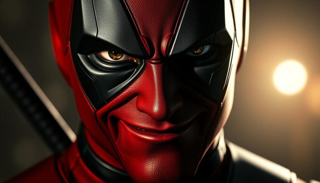 A close-up portrait of the Marvel anti-hero Wade Wilson, also known as Deadpool, with a mischievous grin and a gleam in his eyes. The lighting is dramatic, casting sharp shadows and highlights across his scarred face, emphasizing his distinctive features. The background is blurred, keeping the focus on the character's expression and the subtle nod to his DC counterpart, Slade Wilson (Deathstroke), in the name similarity. The overall mood is one of playful mischief, hinting at the character's tongue-in-cheek nature and the in-joke behind his name.