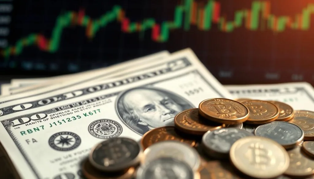 A close-up view of U.S. dollar bills and coins, with a blurred background of a stock market graph. The bills and coins are meticulously detailed, with the light casting subtle shadows and highlights, creating a sense of depth and texture. The stock market graph in the background is slightly out of focus, conveying the idea of financial returns and dividends. The overall composition is balanced and visually striking, evoking a sense of financial planning and investment strategy. A close-up view of U.S. dollar bills and coins, with a blurred background of a stock market graph. The bills and coins are meticulously detailed, with the light casting subtle shadows and highlights, creating a sense of depth and texture. The stock market graph in the background is slightly out of focus, conveying the idea of financial returns and dividends. The overall composition is balanced and visually striking, evoking a sense of financial planning and investment strategy.
