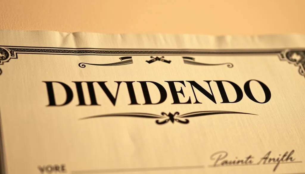 A close-up view of a crisp, freshly-printed stock certificate, with a gloss finish that catches the light. The certificate features the word "DIVIDENDO" prominently displayed in a bold, classical typeface, suggesting wealth, stability, and financial growth. The background is a soft, elegant gradient, lending an air of sophistication and refinement. The overall composition is centered and balanced, with the certificate occupying the majority of the frame, creating a sense of importance and focus. The lighting is warm and directional, casting subtle shadows that add depth and dimension to the image. The overall mood is one of quiet confidence, inviting the viewer to consider the power of dividends and passive income. A close-up view of a crisp, freshly-printed stock certificate, with a gloss finish that catches the light. The certificate features the word "DIVIDENDO" prominently displayed in a bold, classical typeface, suggesting wealth, stability, and financial growth. The background is a soft, elegant gradient, lending an air of sophistication and refinement. The overall composition is centered and balanced, with the certificate occupying the majority of the frame, creating a sense of importance and focus. The lighting is warm and directional, casting subtle shadows that add depth and dimension to the image. The overall mood is one of quiet confidence, inviting the viewer to consider the power of dividends and passive income.