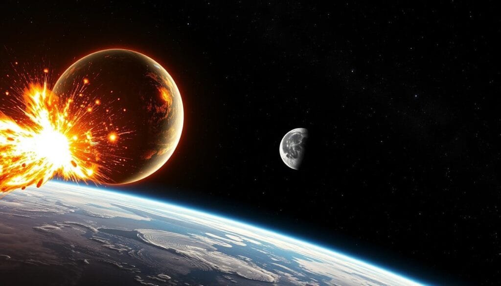 A colossal celestial collision, a giant impact event that gave birth to our moon. In the foreground, a massive protoplanet hurtles towards a young, molten Earth, their impact creating a shimmering, glowing plume of plasma and debris. In the middle ground, the newborn moon emerges, a luminous orb suspended in the inky blackness of space. The background is a tapestry of distant stars, the Milky Way's spiral arms stretching across the cosmic canvas. Dramatic, dynamic lighting casts deep shadows and dramatic highlights, emphasizing the raw, powerful forces at play. Capture the scale, the drama, the very origins of our lunar companion in this epic, cinematic scene.