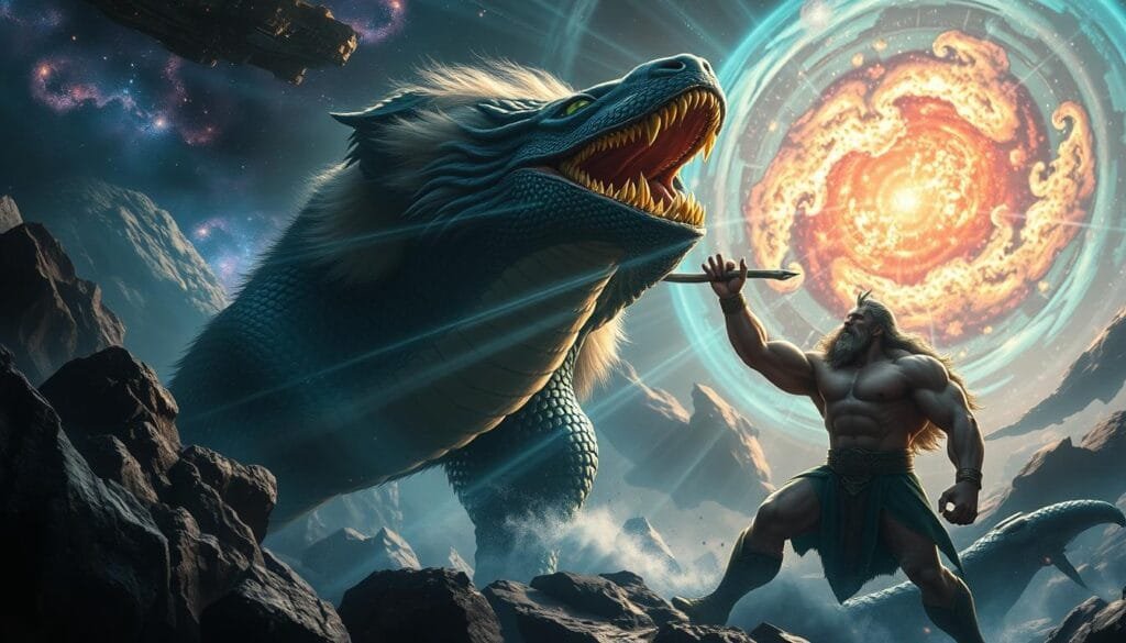 A colossal cosmic battle rages, cosmic giants locked in a titanic struggle. In the foreground, a mighty Norse god, his face etched with determination, exerts his otherworldly strength to lift a serpentine behemoth, its scales glimmering with prismatic energy. Cascading beams of celestial light illuminate the scene, casting dramatic shadows that accentuate the sheer magnitude of these legendary figures. In the distant background, a kaleidoscope of nebulae and stellar phenomena swirl, a testament to the immense power at play. The atmosphere is one of awe-inspiring grandeur, where the laws of the mortal realm are pushed to their limits, revealing the true scope of cosmic heroism. A colossal cosmic battle rages, cosmic giants locked in a titanic struggle. In the foreground, a mighty Norse god, his face etched with determination, exerts his otherworldly strength to lift a serpentine behemoth, its scales glimmering with prismatic energy. Cascading beams of celestial light illuminate the scene, casting dramatic shadows that accentuate the sheer magnitude of these legendary figures. In the distant background, a kaleidoscope of nebulae and stellar phenomena swirl, a testament to the immense power at play. The atmosphere is one of awe-inspiring grandeur, where the laws of the mortal realm are pushed to their limits, revealing the true scope of cosmic heroism.