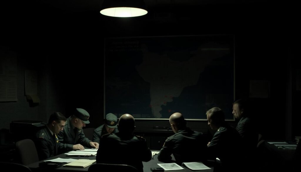 A covert military operation in a dimly lit military headquarters. In the foreground, a group of uniformed figures huddle over a table, poring over classified documents. Harsh shadows cast by a single overhead lamp create an atmosphere of secrecy and tension. In the middle ground, a large map of the country is displayed, with key locations marked in red. The background is obscured in darkness, suggesting the clandestine and high-stakes nature of the event. The lighting is dramatic, with stark contrasts between light and shadow, evoking the gravity of the "golpe" (coup) being planned. The scene conveys a sense of urgency, danger, and the weight of history unfolding.