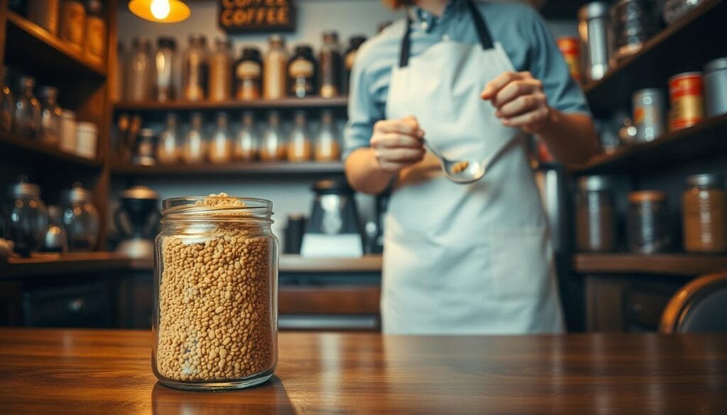 A cozy café interior with a vintage, sepia-toned aesthetic. In the foreground, a glass jar filled with golden, granular instant coffee sits atop a polished wooden countertop. The middle ground features a barista in a crisp white apron, carefully spooning the soluble coffee into a classic ceramic mug. Soft, warm lighting casts a gentle glow, creating a nostalgic, historical atmosphere. In the background, shelves display an array of glass jars and tin cans, hinting at the evolution of coffee preparation methods over time. The scene evokes a sense of the past, when the invention of instant coffee revolutionized the way people enjoyed their daily brew.