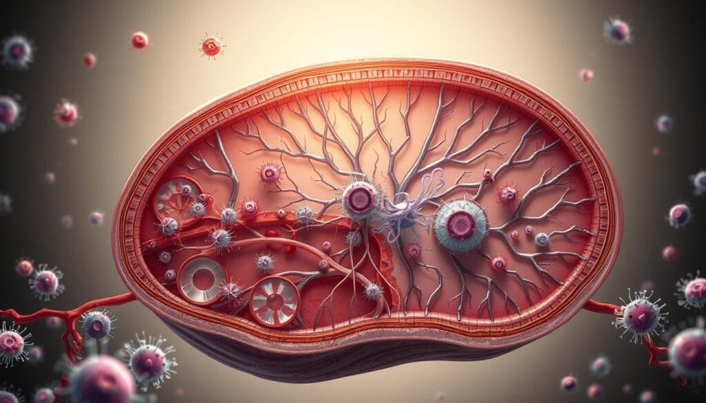 A cross-section of the human immune system, rendered in a detailed, scientific illustration style. The foreground depicts various immune cells, including lymphocytes, macrophages, and dendritic cells, interacting with an invading pathogen. The middle ground showcases the intricate network of lymphatic vessels and lymph nodes, responsible for coordinating the adaptive immune response. The background features a subtle, muted color palette, highlighting the microscopic scale and complexity of the immune system. Bright, directional lighting illuminates the scene, emphasizing the dynamic and vital nature of this fundamental biological process. The overall composition conveys a sense of order, precision, and the seamless integration of the body's defenses against disease. A cross-section of the human immune system, rendered in a detailed, scientific illustration style. The foreground depicts various immune cells, including lymphocytes, macrophages, and dendritic cells, interacting with an invading pathogen. The middle ground showcases the intricate network of lymphatic vessels and lymph nodes, responsible for coordinating the adaptive immune response. The background features a subtle, muted color palette, highlighting the microscopic scale and complexity of the immune system. Bright, directional lighting illuminates the scene, emphasizing the dynamic and vital nature of this fundamental biological process. The overall composition conveys a sense of order, precision, and the seamless integration of the body's defenses against disease.