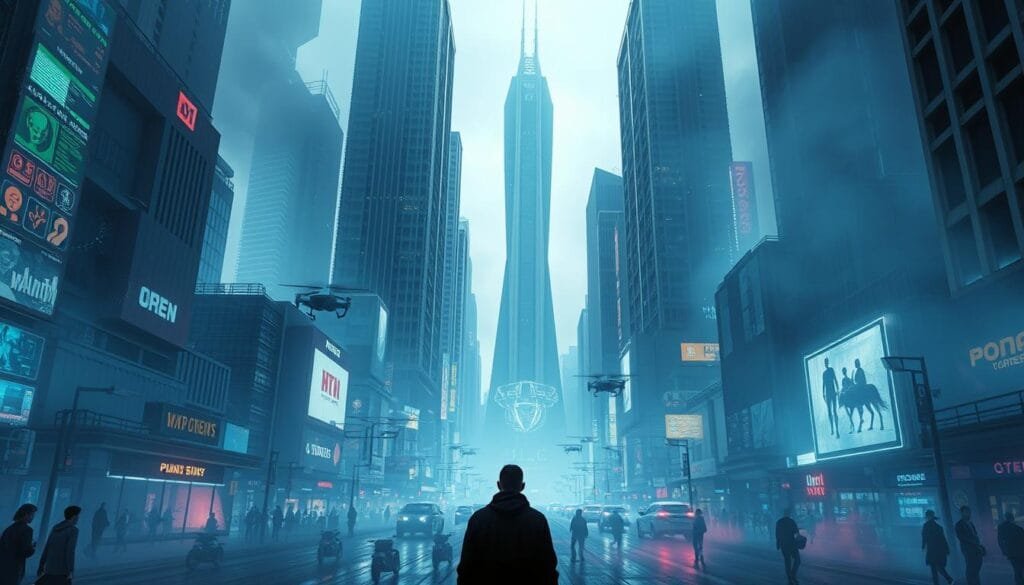 A cyberpunk cityscape with towering skyscrapers, neon-lit streets, and a hazy, futuristic atmosphere. In the foreground, a lone figure, their silhouette shrouded in the glow of holographic displays and digital interfaces. The middle ground features a chaotic blend of futuristic vehicles, hovering drones, and pedestrians immersed in a world of augmented reality. In the background, a towering central hub, its sleek, angular design evoking the aesthetic of the anime "Ghost in the Shell," the source of inspiration for the Wachowskis' "Matrix" vision. The lighting is a mix of cool, blue tones and warm, neon hues, creating a sense of technological wonder and unease. The camera angle is slightly elevated, giving the viewer a sense of observing this cyberpunk cityscape from a detached, omniscient perspective. A cyberpunk cityscape with towering skyscrapers, neon-lit streets, and a hazy, futuristic atmosphere. In the foreground, a lone figure, their silhouette shrouded in the glow of holographic displays and digital interfaces. The middle ground features a chaotic blend of futuristic vehicles, hovering drones, and pedestrians immersed in a world of augmented reality. In the background, a towering central hub, its sleek, angular design evoking the aesthetic of the anime "Ghost in the Shell," the source of inspiration for the Wachowskis' "Matrix" vision. The lighting is a mix of cool, blue tones and warm, neon hues, creating a sense of technological wonder and unease. The camera angle is slightly elevated, giving the viewer a sense of observing this cyberpunk cityscape from a detached, omniscient perspective.