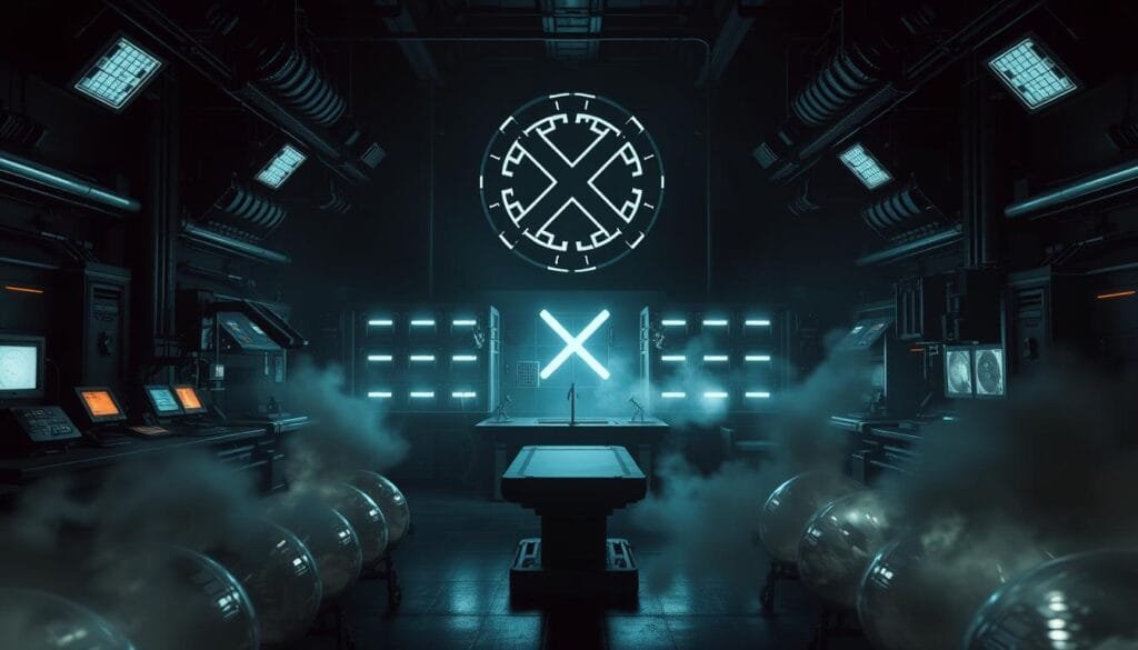 A dark, shadowy laboratory interior with a high-tech, industrial aesthetic. Glowing consoles, intricate machinery, and a central examination table cast an ominous glow. In the foreground, a series of glass tanks or pods, their contents obscured by swirling mists. Looming over the scene, a massive, imposing symbol or insignia, hinting at the "Weapon X" program and its sinister experiments. The atmosphere is one of clinical precision, sinister intent, and a sense of the uncanny. Dramatic lighting accentuates the sense of mystery and foreboding.