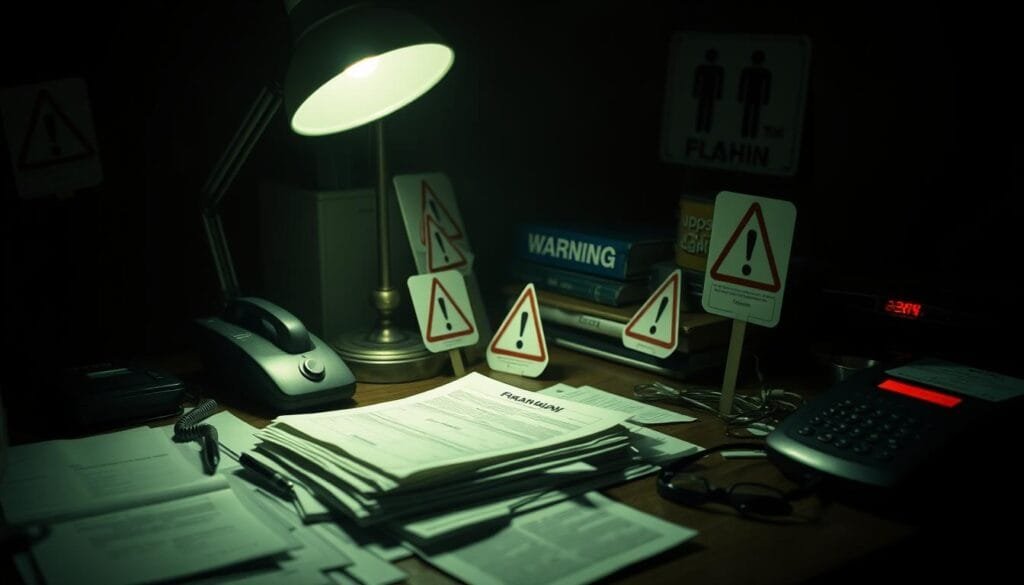 A darkened room, dimly lit by a single lamp, casts eerie shadows across a cluttered desk. On it, a stack of financial documents, a ringing phone, and a series of warning signs - flashing red lights, exclamation points, and cautionary symbols. The atmosphere is one of growing unease and impending danger, hinting at the unfolding tale of a pyramid scheme that has ensnared the unsuspecting. The scene is captured with a shallow depth of field, drawing the viewer's attention to the foreboding details that signal the need for vigilance and awareness.