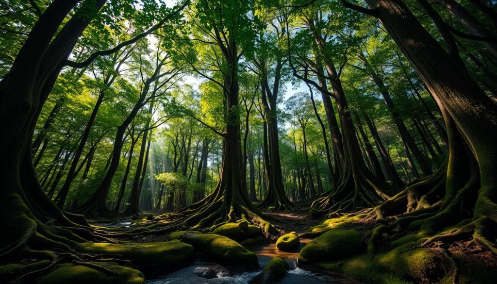 A dense, lush forest of towering árboles, their verdant canopies reaching skyward. Dappled sunlight filters through the leaves, casting intricate patterns on the mossy ground below. Roots twist and intertwine, anchoring the trees to the earth. In the foreground, a small stream babbles, its waters reflecting the surrounding foliage. The scene exudes a sense of tranquility and harmony, a testament to the symbiotic relationship between plants, water, and the carbon cycle. Shot with a wide-angle lens to capture the grandeur of the natural setting, the image conveys the ecological significance of the plant kingdom.