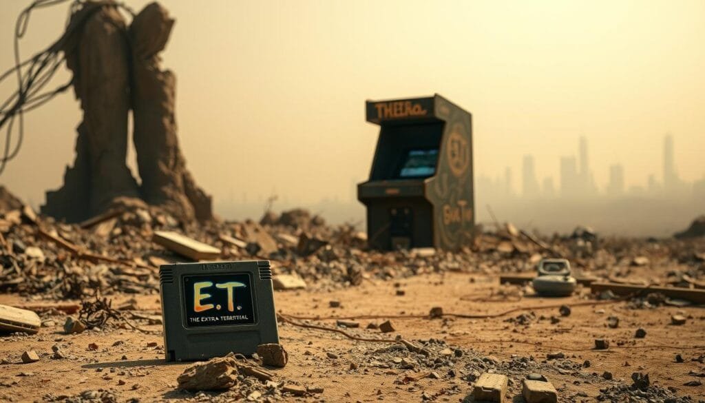 A desolate landscape, once bustling with the vibrant colors and excitement of the video game industry, now lies in ruins. In the foreground, a lone, discarded game cartridge of E.T. the Extra-Terrestrial sits amidst the debris, a symbol of the industry's downfall. The middle ground is dominated by a crumbling, abandoned arcade cabinet, its once-bright lights now dim and lifeless. In the background, a hazy, desaturated skyline stretches out, conveying a sense of overwhelming despair and the looming specter of the "great video game crash of 1983." The scene is bathed in a somber, muted color palette, reflecting the gravity of the situation and the profound impact of this crisis on the entire video game industry. A desolate landscape, once bustling with the vibrant colors and excitement of the video game industry, now lies in ruins. In the foreground, a lone, discarded game cartridge of E.T. the Extra-Terrestrial sits amidst the debris, a symbol of the industry's downfall. The middle ground is dominated by a crumbling, abandoned arcade cabinet, its once-bright lights now dim and lifeless. In the background, a hazy, desaturated skyline stretches out, conveying a sense of overwhelming despair and the looming specter of the "great video game crash of 1983." The scene is bathed in a somber, muted color palette, reflecting the gravity of the situation and the profound impact of this crisis on the entire video game industry.