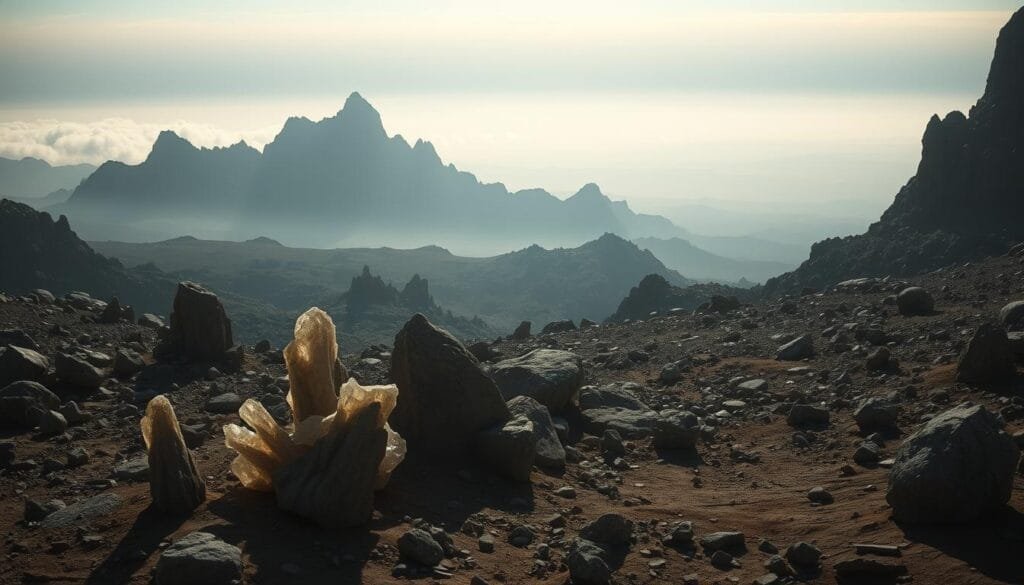 A desolate, rocky alien landscape, bathed in a hazy, otherworldly light. In the foreground, strange, crystalline formations protrude from the ground, casting long shadows. The middle ground is dotted with rugged, angular mountains, their peaks obscured by wispy clouds. In the distance, a horizon line that seems to curve unnaturally, hinting at the vastness and inhospitality of this world. The atmosphere has a palpable tension, a sense of the extreme limits of habitability. The overall mood is one of mystery and awe, capturing the essence of the search for life in the most hostile of environments.