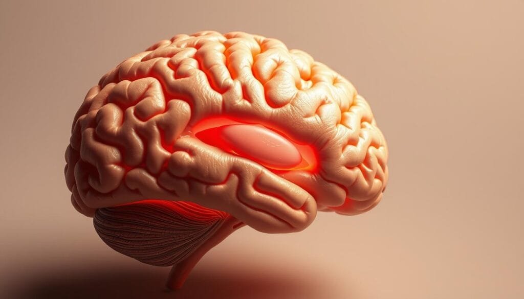 A detailed cross-section of the temporal lobe of the human brain, seen from the side. The intricate folds and convolutions of the lobe are rendered with photorealistic precision, showcasing the complex neurological structures responsible for memory, language, and auditory processing. The image is lit by soft, warm lighting that creates depth and highlights the nuances of the brain's anatomy. The background is a neutral, muted tone that allows the temporal lobe to be the focal point, emphasizing its importance in the context of the subject matter. A detailed cross-section of the temporal lobe of the human brain, seen from the side. The intricate folds and convolutions of the lobe are rendered with photorealistic precision, showcasing the complex neurological structures responsible for memory, language, and auditory processing. The image is lit by soft, warm lighting that creates depth and highlights the nuances of the brain's anatomy. The background is a neutral, muted tone that allows the temporal lobe to be the focal point, emphasizing its importance in the context of the subject matter.