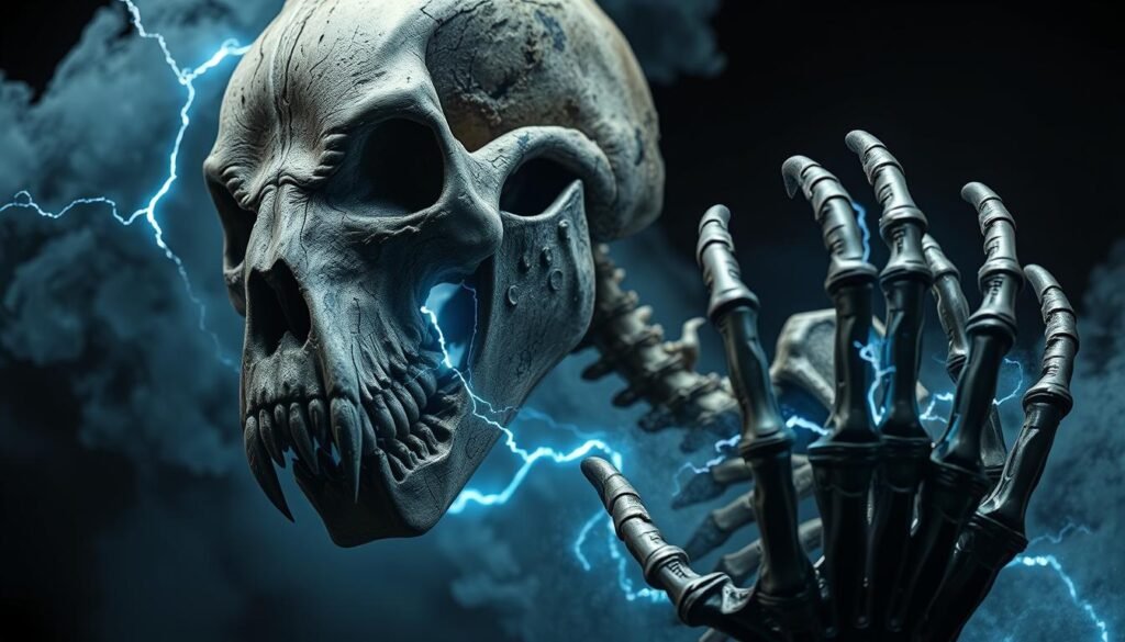 A detailed, high-contrast close-up of an imposing skeletal figure with a metallic, clawed hand emerging from a swirling mist. The subject's skull features sharp, animalistic features and a rugged, weathered appearance. Flickering blue-white electrical arcs crackle across the skeleton's surface, casting an eerie glow. The background is dark and ominous, with a sense of foreboding and power. The lighting is dramatic, with deep shadows and highlights accentuating the hard edges and unnatural nature of the "Adamantium Esqueleto". The entire scene conveys the primal, unstoppable essence of this living weapon. A detailed, high-contrast close-up of an imposing skeletal figure with a metallic, clawed hand emerging from a swirling mist. The subject's skull features sharp, animalistic features and a rugged, weathered appearance. Flickering blue-white electrical arcs crackle across the skeleton's surface, casting an eerie glow. The background is dark and ominous, with a sense of foreboding and power. The lighting is dramatic, with deep shadows and highlights accentuating the hard edges and unnatural nature of the "Adamantium Esqueleto". The entire scene conveys the primal, unstoppable essence of this living weapon.