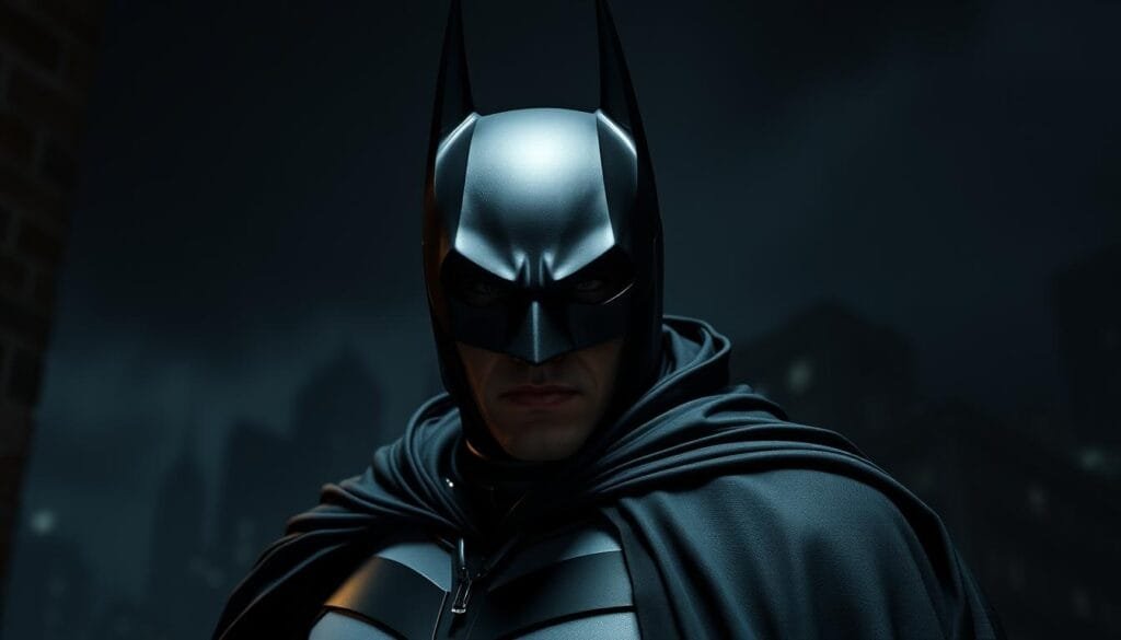 A detailed, high-quality image of the iconic Batman cape and cowl, or "capucha capa" in Spanish. The foreground features the iconic cowl with pointed ears, cast in a moody chiaroscuro lighting that emphasizes the sharp, angular features. The middle ground showcases the flowing black cape, rendered with intricate folds and textures that capture the dramatic, sweeping silhouette. The background is a shadowy, atmospheric setting, perhaps the Gotham City skyline or a dark, gritty alleyway, setting the scene for the Dark Knight's nocturnal adventures. Render this in a photorealistic style with a cinematic, dramatic mood that evokes the essence of the classic Batman costume.