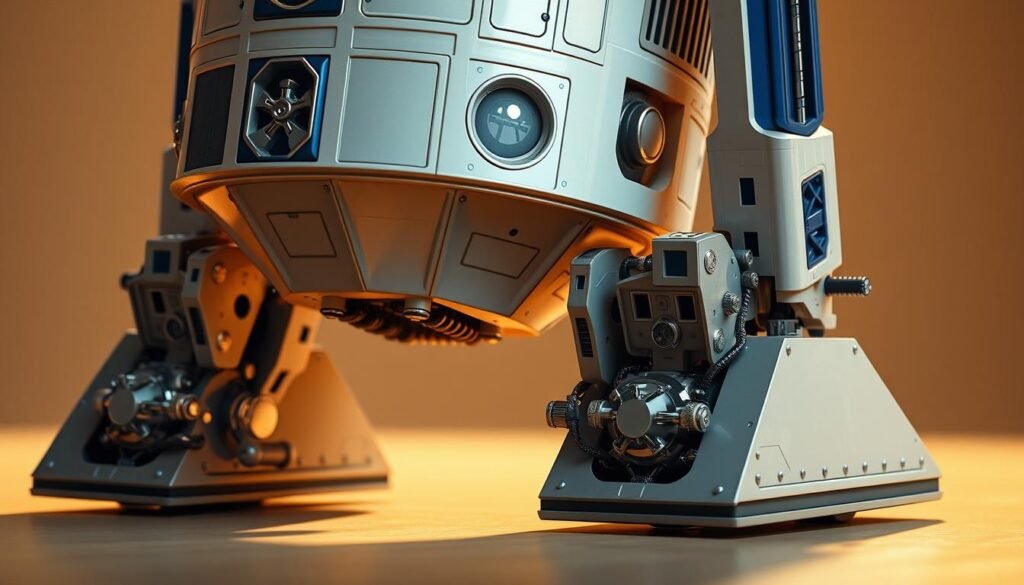 A detailed, high-resolution image of R2-D2's lower body, showcasing the droid's distinctive treaded legs and surrounding mechanical components. Capture the intricate design and engineering, with a focus on the articulated leg joints, hydraulic pistons, and various sensors and thrusters. Render the scene with a warm, subtle lighting that accentuates the metallic textures and gleaming surfaces. Compose the image from a slightly low angle to emphasize the robotic silhouette and convey a sense of technical precision and functionality. The overall atmosphere should be one of mechanical elegance and carefully crafted detail.