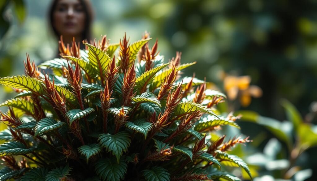 A detailed, highly realistic image of a lush, thriving plant, capturing the essence of the "planta" mentioned in the section title. The plant should be the central focus, taking up a significant portion of the frame. Depict it with vibrant, naturalistic colors, intricate textures, and a sense of depth and volume. The background should be a softly blurred, natural setting, suggesting an outdoor environment. Utilize directional lighting to create dramatic shadows and highlights, emphasizing the plant's three-dimensional form. The overall mood should convey a sense of vitality, growth, and the importance of the plant in sustaining life on Earth, as referenced in the section title.