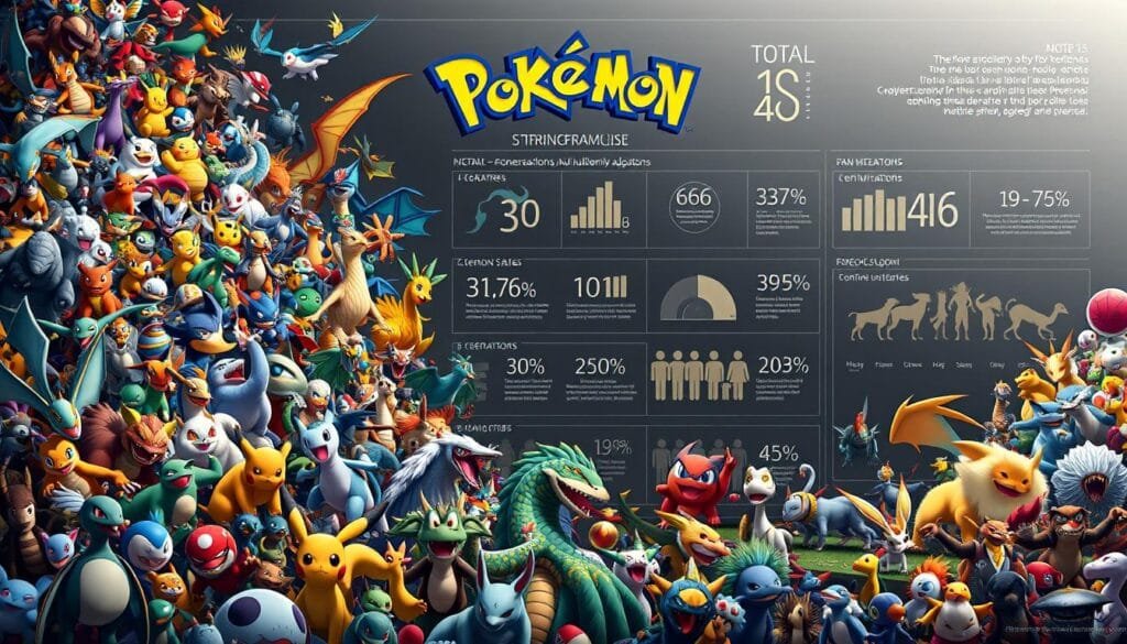A detailed infographic showcasing the expansive Pokémon franchise in striking detail. In the foreground, a vibrant mosaic of Pokémon creatures from across generations, each rendered with vivid realism and a sense of depth. In the middle ground, elegant data visualizations displaying key franchise metrics - total creatures, cumulative sales, and the breadth of its multimedia adaptations. The background features a sleek, modern layout with clean lines and a muted color palette, allowing the infographic elements to take center stage. Lighting is soft and even, with a slight vignette effect to draw the eye inward. The overall composition conveys the incredible scale and influence of the Pokémon brand through an impactful, visually striking presentation.