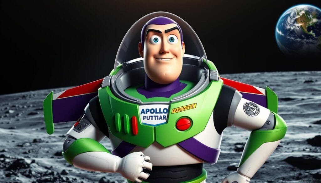 A detailed, photorealistic portrait of Buzz Lightyear, the famous Space Ranger from the Toy Story universe, rendered in a realistic 3D style. Buzz is depicted in his classic green and white spacesuit, with his iconic wings, jetpack, and laser-shooting wrist gauntlet visible. The lighting creates a dramatic, heroic mood, with strong shadows and highlights that accentuate the details of his suit and facial features. The background is a detailed, expansive view of the Apollo lunar module and the Moon's surface, with the Earth visible in the distance, evoking the era of the Apollo space program and the legacy of Buzz Aldrin's historic moonwalk.