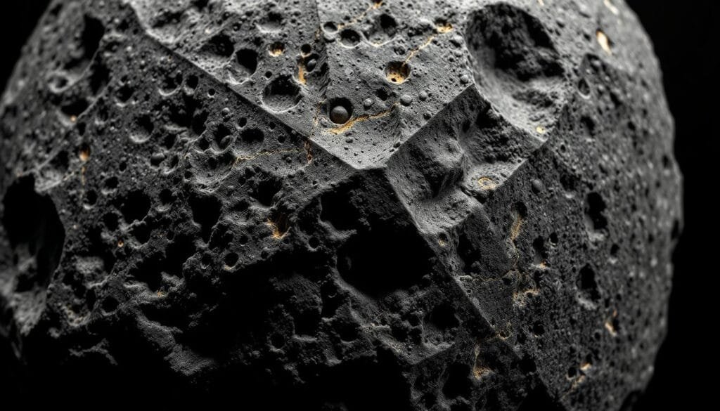 A detailed, scientifically accurate illustration of a carbonaceous chondrite asteroid, reminiscent of the sample from the Winchcombe meteorite. The asteroid is shown in medium close-up, with a mottled, dark gray surface texture pockmarked with craters of varying sizes. Intricate veins of lighter-colored materials are visible, hinting at the asteroid's complex internal structure. The lighting is dramatic, casting deep shadows that emphasize the uneven terrain. The overall mood is one of ancient, primordial mystery, capturing the essence of these celestial messengers that may have delivered the building blocks of life to Earth.