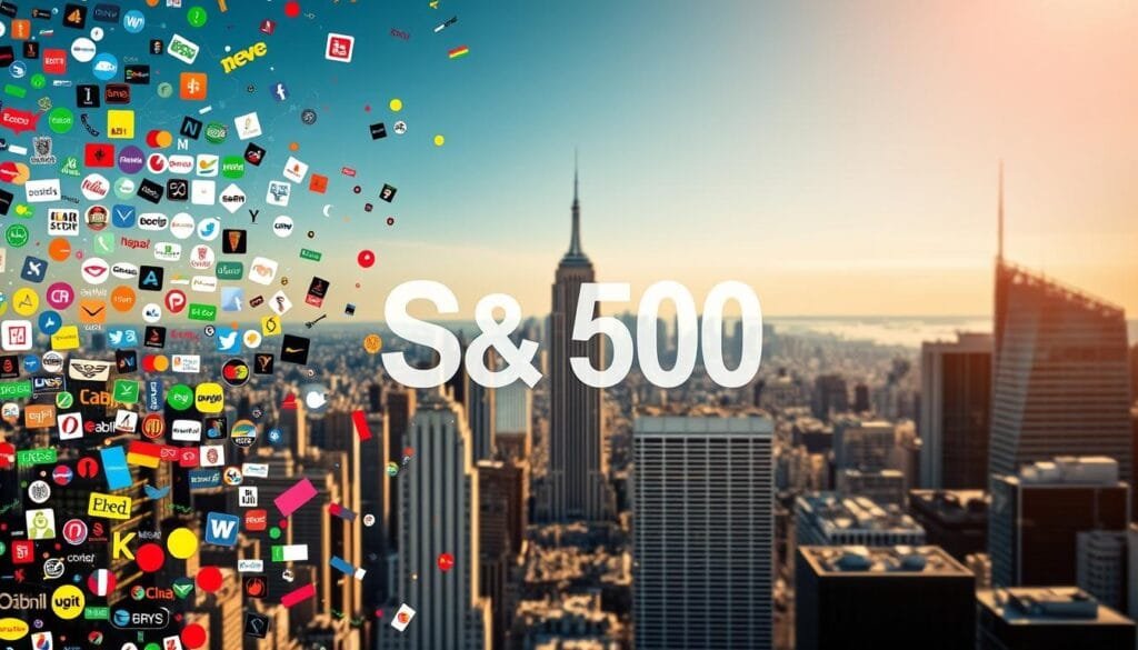 A detailed visual representation of the S&P 500 index, showcasing a vibrant and dynamic stock market landscape. In the foreground, a mosaic of company logos and stock tickers float, symbolizing the diverse array of the 500 largest publicly traded companies. The middle ground features a sleek, minimalist data visualization, displaying key market metrics and performance indicators. In the background, a serene yet powerful cityscape unfolds, representing the global economic ecosystem in which the S&P 500 operates. The lighting is clean and crisp, with a subtle depth of field that draws the viewer's attention to the central elements. The overall composition conveys a sense of authority, stability, and the importance of the S&P 500 in the world of finance and investment. A detailed visual representation of the S&P 500 index, showcasing a vibrant and dynamic stock market landscape. In the foreground, a mosaic of company logos and stock tickers float, symbolizing the diverse array of the 500 largest publicly traded companies. The middle ground features a sleek, minimalist data visualization, displaying key market metrics and performance indicators. In the background, a serene yet powerful cityscape unfolds, representing the global economic ecosystem in which the S&P 500 operates. The lighting is clean and crisp, with a subtle depth of field that draws the viewer's attention to the central elements. The overall composition conveys a sense of authority, stability, and the importance of the S&P 500 in the world of finance and investment.