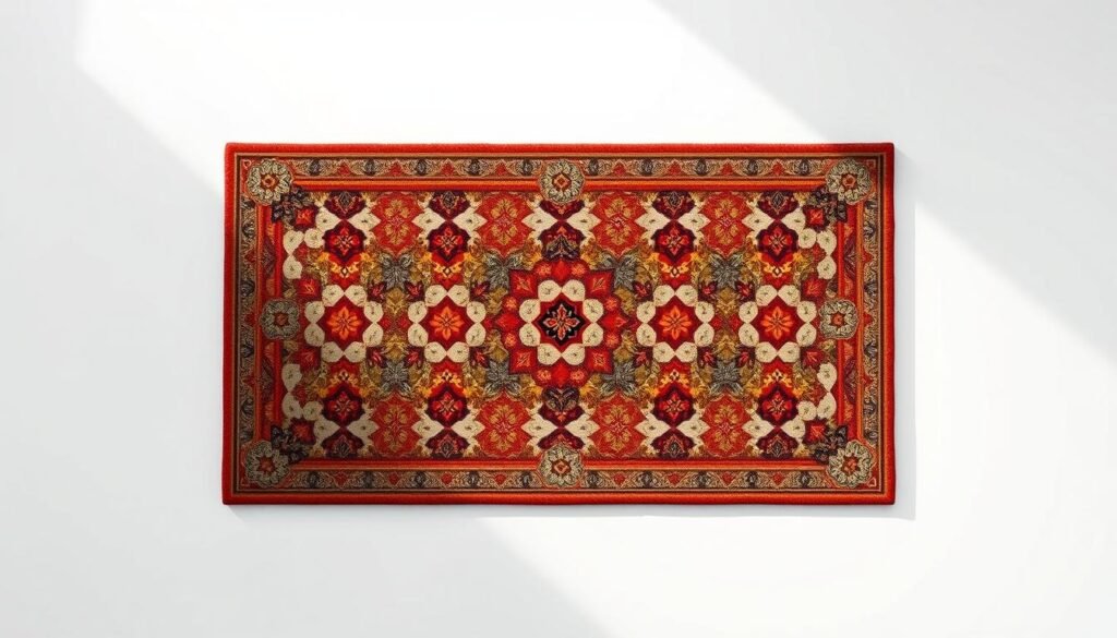 A digitized version of the iconic "Shining" carpet pattern, rendered with high fidelity in 3D modeling software. The design is shown from an overhead perspective, highlighting the intricate geometric shapes and vibrant colors. The lighting is soft and even, casting subtle shadows that accentuate the depth and texture of the pattern. The background is a clean, white environment, allowing the design to be the sole focus of the image. The overall mood is one of precision, elegance, and digital craftsmanship, befitting the "Versión digital del patrón: diseño en software" section of the article.