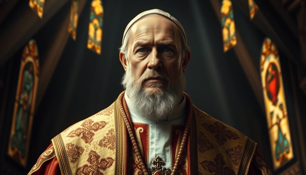 A dignified and solemn portrait of Pope Formosus, the 9th-century pontiff whose remains were exhumed and put on trial after his death. Set against a somber, dimly lit cathedral interior, the image captures Formosus's serious, regal features, his brow furrowed in contemplation. His elaborate papal vestments, embroidered with intricate religious symbols, command an air of reverence. Rays of warm, golden light stream through stained glass windows, casting a reverent glow over the scene and imbuing it with a sense of ancient, sacred power. The overall atmosphere evokes the gravity and controversy surrounding Formosus's legacy, hinting at the tumultuous events that would soon unfold. A dignified and solemn portrait of Pope Formosus, the 9th-century pontiff whose remains were exhumed and put on trial after his death. Set against a somber, dimly lit cathedral interior, the image captures Formosus's serious, regal features, his brow furrowed in contemplation. His elaborate papal vestments, embroidered with intricate religious symbols, command an air of reverence. Rays of warm, golden light stream through stained glass windows, casting a reverent glow over the scene and imbuing it with a sense of ancient, sacred power. The overall atmosphere evokes the gravity and controversy surrounding Formosus's legacy, hinting at the tumultuous events that would soon unfold.