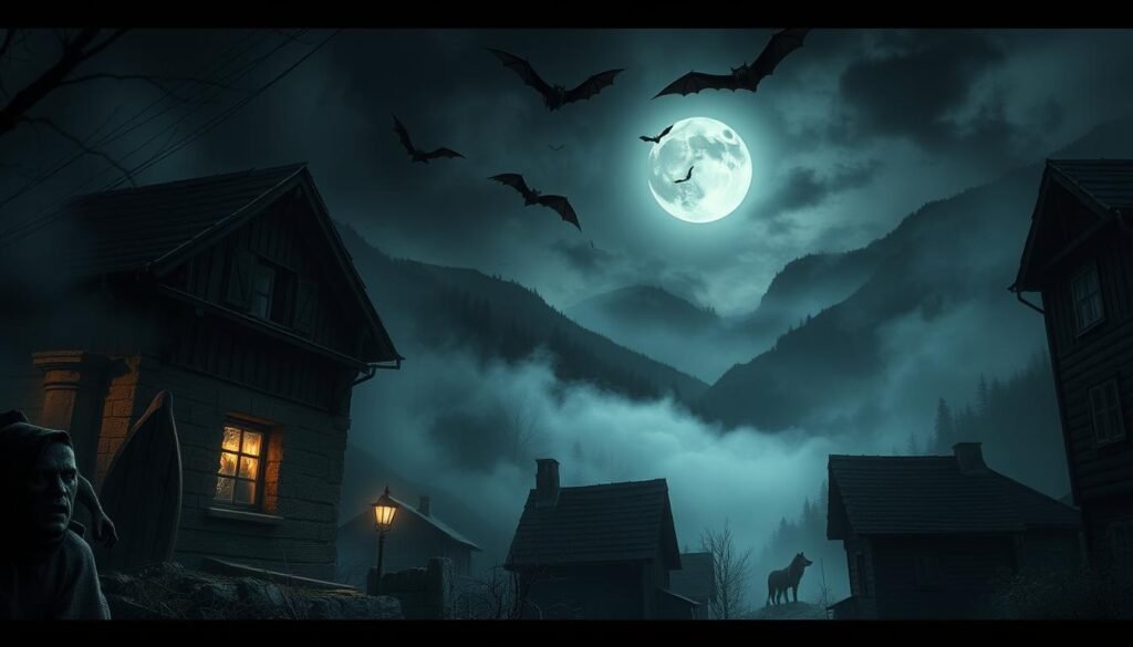 A dimly lit Eastern European village nestled in the Carpathian mountains, fog swirling around ancient wooden buildings. In the foreground, a shadowy figure emerges from a crumbling crypt, its pale, gaunt features illuminated by a sickly moonlight. Bats flutter in the night sky, their wings casting eerie silhouettes. In the distance, a lone wolf howls, its haunting cry echoing through the valley. The air is thick with an ominous, foreboding atmosphere, evoking the dark folklore and superstitions that have haunted this region for centuries.