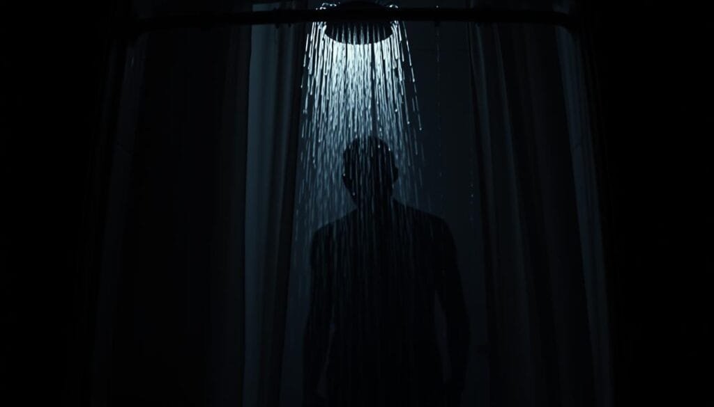 A dimly lit bathroom, the shower curtain drawn, water cascading down a figure in silhouette. Tension builds as the camera angles in, capturing the shadow's ominous presence. The absence of sound heightens the suspense, until a sudden, jarring violin screech shatters the silence - the iconic musical cue that cemented this scene's place in cinematic history. Rendered in moody chiaroscuro, the image evokes the sense of dread and foreboding that permeated Hitchcock's original vision before the famous musical score was added. A dimly lit bathroom, the shower curtain drawn, water cascading down a figure in silhouette. Tension builds as the camera angles in, capturing the shadow's ominous presence. The absence of sound heightens the suspense, until a sudden, jarring violin screech shatters the silence - the iconic musical cue that cemented this scene's place in cinematic history. Rendered in moody chiaroscuro, the image evokes the sense of dread and foreboding that permeated Hitchcock's original vision before the famous musical score was added.