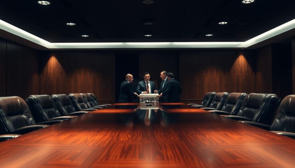 A dimly lit corporate boardroom, the atmosphere heavy with tension. A large mahogany table dominates the foreground, surrounded by leather chairs. Shadows cast by the recessed lighting create a moody, contemplative ambiance. In the middle ground, a group of executives engage in a heated discussion, their expressions conveying the high-stakes "riesgo negocios" at hand. The background is blurred, hinting at the broader business landscape beyond the room. The scene evokes a sense of ethical dilemma and the weighty consequences of risky corporate decision-making.