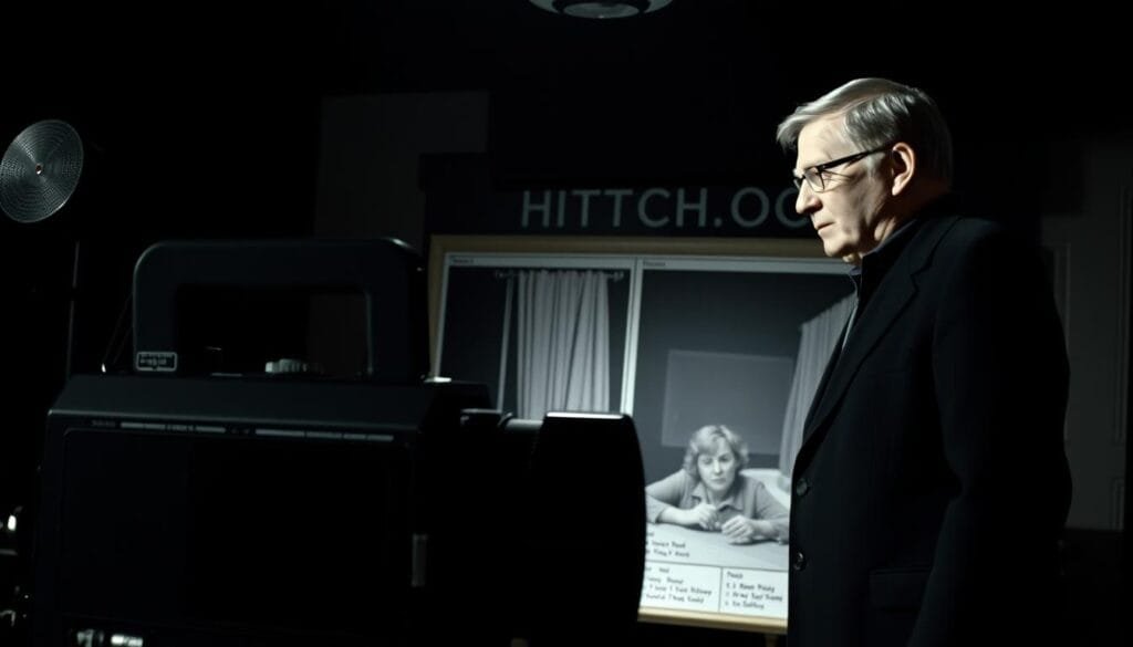 A dimly lit film studio set, with a large camera placed in the foreground, its lens capturing the intense exchange between Alfred Hitchcock and Bernard Herrmann. The two men, lost in deep discussion, stand before a storyboard depicting the iconic shower scene from "Psycho". Herrmann's brow is furrowed, his hands gesturing animatedly, as Hitchcock listens intently, his expression a study in concentration. The background is shrouded in shadows, emphasizing the sense of creative tension and the pivotal moment in their iconic cinematic collaboration. A dimly lit film studio set, with a large camera placed in the foreground, its lens capturing the intense exchange between Alfred Hitchcock and Bernard Herrmann. The two men, lost in deep discussion, stand before a storyboard depicting the iconic shower scene from "Psycho". Herrmann's brow is furrowed, his hands gesturing animatedly, as Hitchcock listens intently, his expression a study in concentration. The background is shrouded in shadows, emphasizing the sense of creative tension and the pivotal moment in their iconic cinematic collaboration.