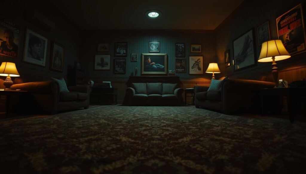 A dimly lit living room, the walls adorned with vintage movie posters. In the foreground, a plush, patterned carpet dominates the scene, its intricate design instantly recognizable as the iconic "Overlook Hotel" carpet from the film "The Shining". The lighting is soft and moody, creating a sense of mystery and nostalgia. The camera angle is low, almost from a child's perspective, inviting the viewer to carefully examine the details of the carpet, searching for the hidden "easter egg" that links it to the world of "Toy Story". The overall atmosphere is one of exploration and discovery, with a touch of whimsy and wonder. A dimly lit living room, the walls adorned with vintage movie posters. In the foreground, a plush, patterned carpet dominates the scene, its intricate design instantly recognizable as the iconic "Overlook Hotel" carpet from the film "The Shining". The lighting is soft and moody, creating a sense of mystery and nostalgia. The camera angle is low, almost from a child's perspective, inviting the viewer to carefully examine the details of the carpet, searching for the hidden "easter egg" that links it to the world of "Toy Story". The overall atmosphere is one of exploration and discovery, with a touch of whimsy and wonder.