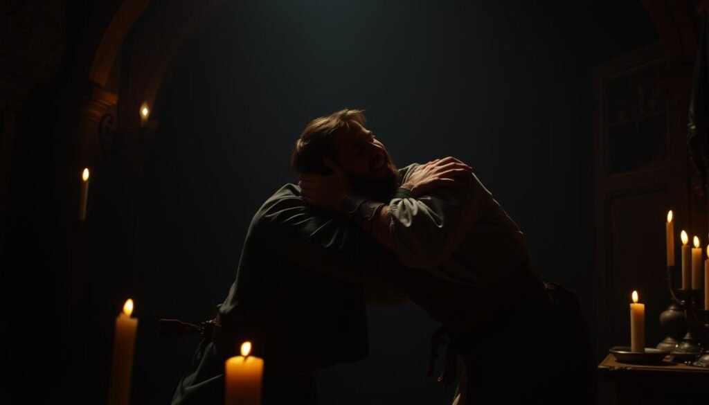 A dimly lit medieval chamber, heavy with tension. In the foreground, two figures locked in a violent struggle - one grasping the other's throat, the intensity of their confrontation palpable. The background shrouded in shadows, hinting at the tumultuous events that led to this moment. Flickering candlelight casts an eerie glow, heightening the sense of drama. The scene conveys a palpable atmosphere of retaliation and backlash, a pivotal moment in a larger power struggle. Capture the raw emotion and historical significance of this fateful encounter. A dimly lit medieval chamber, heavy with tension. In the foreground, two figures locked in a violent struggle - one grasping the other's throat, the intensity of their confrontation palpable. The background shrouded in shadows, hinting at the tumultuous events that led to this moment. Flickering candlelight casts an eerie glow, heightening the sense of drama. The scene conveys a palpable atmosphere of retaliation and backlash, a pivotal moment in a larger power struggle. Capture the raw emotion and historical significance of this fateful encounter.