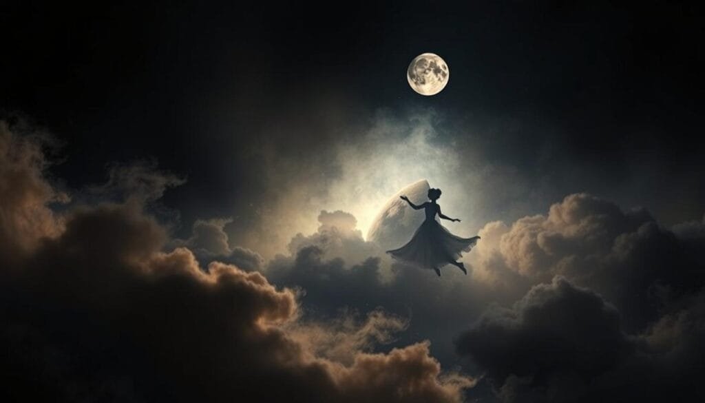 A dimly lit, mystical scene depicting various lunar origin theories. In the foreground, a swirling cloud of cosmic dust and energy, hinting at the chaos of the early solar system. In the middle ground, ethereal silhouettes of celestial bodies - the Earth, an impacting planetesimal, and the emerging Moon - locked in a cosmic dance. The background is shrouded in a hazy, dreamlike nebula, suggesting the enigmatic and speculative nature of these alternative lunar origin theories. Dramatic chiaroscuro lighting casts dramatic shadows, evoking a sense of mystery and the unknown. Rendered with a painterly, impressionistic style to capture the speculative and imaginative nature of the subject matter.