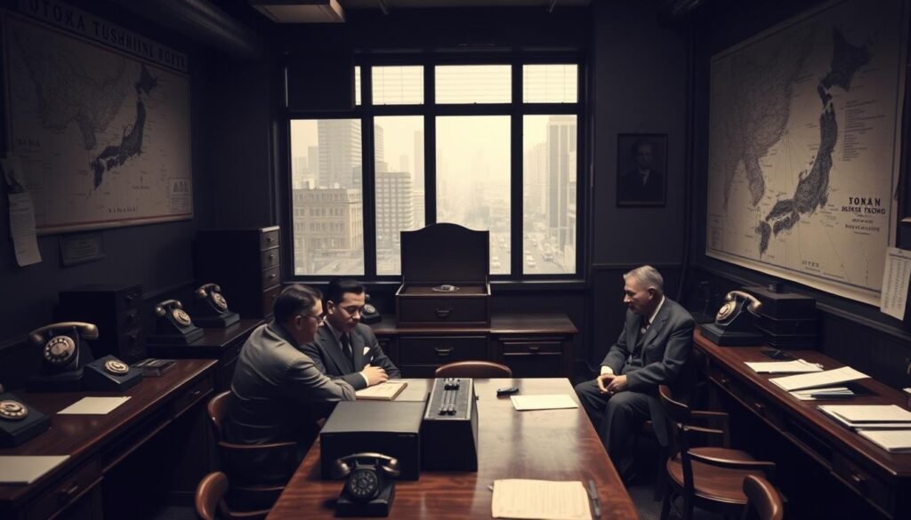 A dimly lit office interior in 1940s Tokyo, with wooden desks, vintage telephones, and a large map of Japan on the wall. In the foreground, a group of serious-looking businessmen in suits gathered around a table, deep in discussion. The middle ground features an old-fashioned filing cabinet and a window overlooking the bustling streets of the city. The background is hazy, with a sense of the post-war atmosphere, conveying the founding of Tokyo Tsushin Kogyo, the precursor to Sony, in 1946.